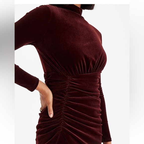 Small- VELVET BODY CONTOUR MOCK NECK RUCHED MINI DRESS - Picture 4 of 7